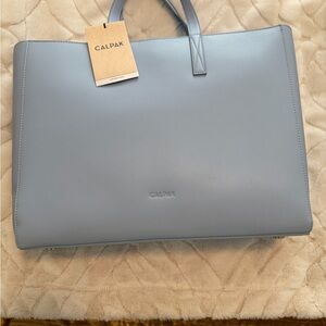 Calpak Sky Blue Leather Laptop Tote Bag